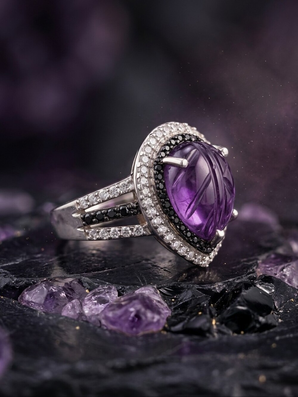 Carved Amethyst Black Spinel White Zircon 925 Sterling Silver Ring Whimsigoth